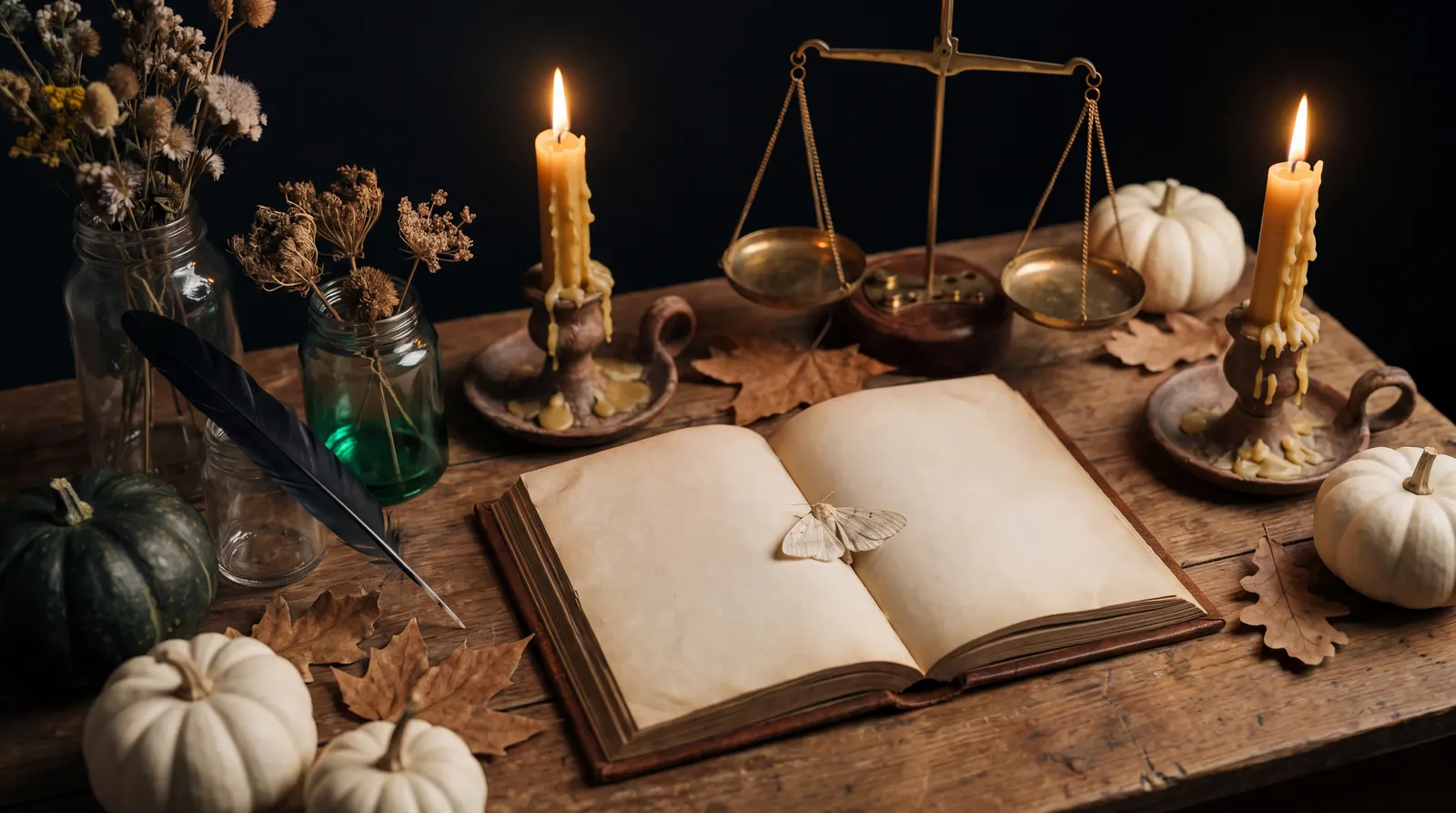 A candlelit harvest table with an open almanac, a brass scale, dried leaves and white pumpkins