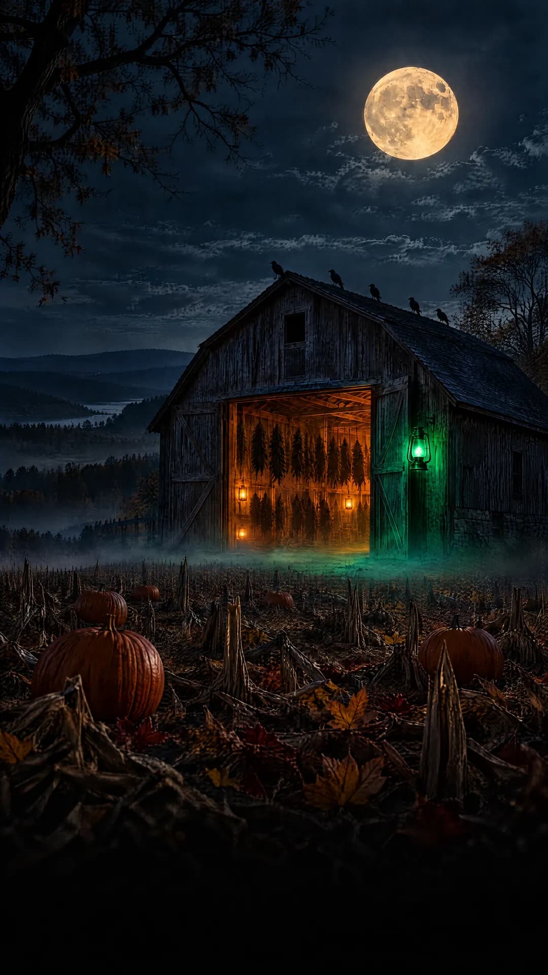 A Hudson Valley barn at night under a full harvest moon, harvested plants hanging to dry inside, one green lantern glowing at the door