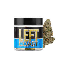 Left Coast premium cannabis flower in a clear glass jar with black lid and blue and gold label, with fresh marijuana bud displayed behind the container.
